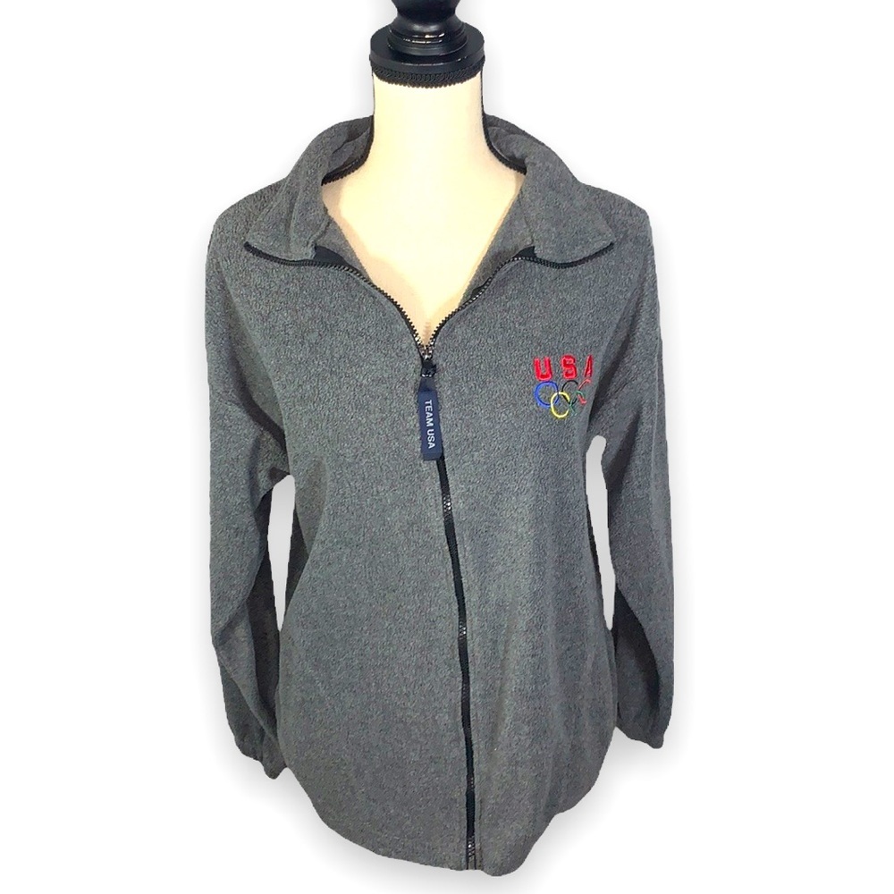 USA Olympics Gray Fleece Jacket Olympic Rings Embroidered Full Zip Size Large